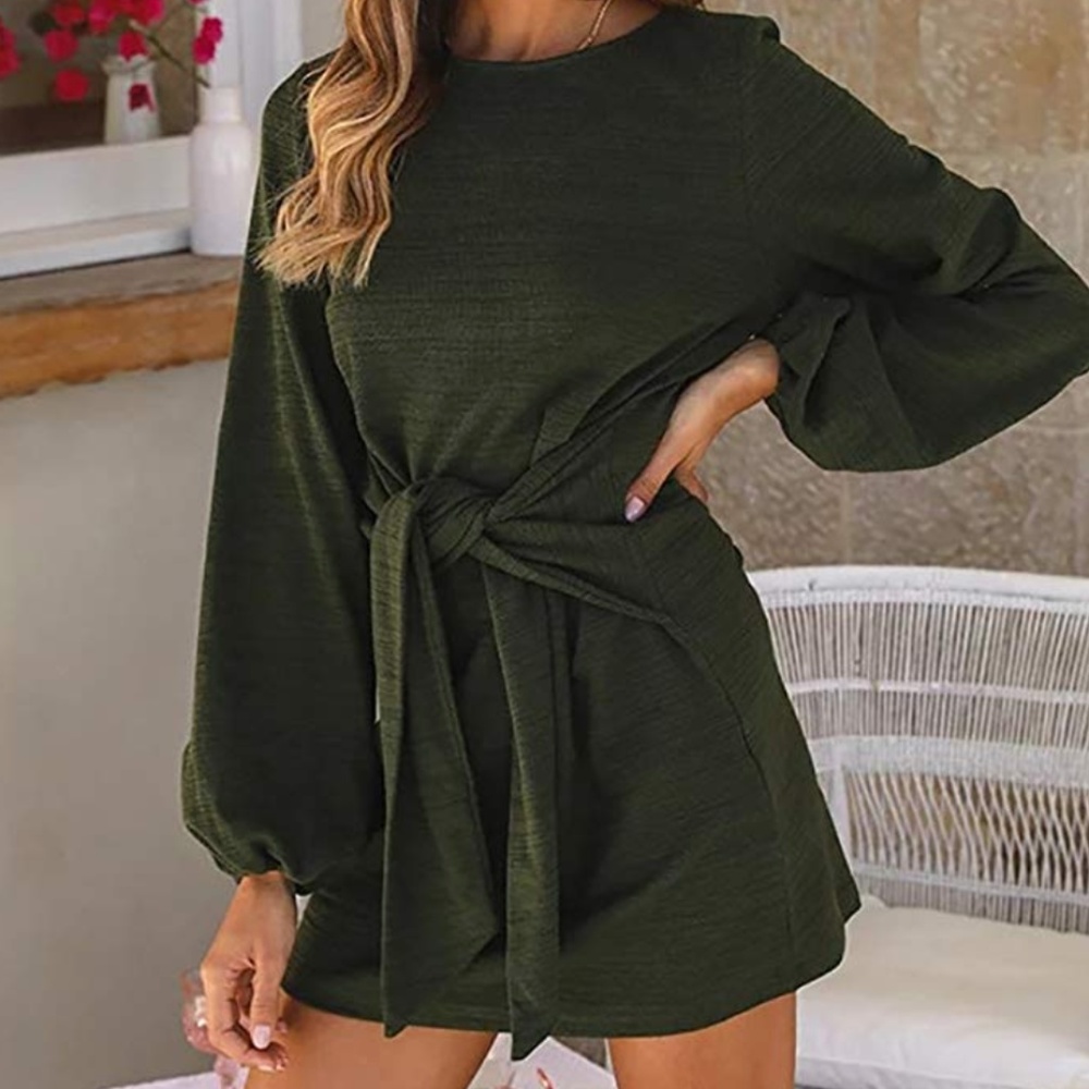 green front tie long sleeve knit mini dress